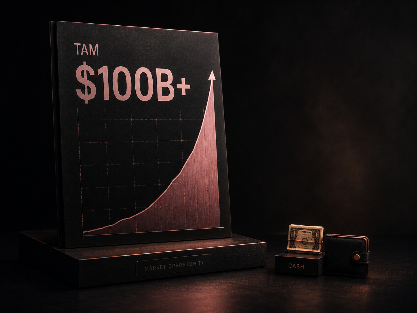 Libro negro con la etiqueta TAM y la cifra $100B+ mostrando una curva ascendente, junto a un fajo pequeño de billetes etiquetado CASH.