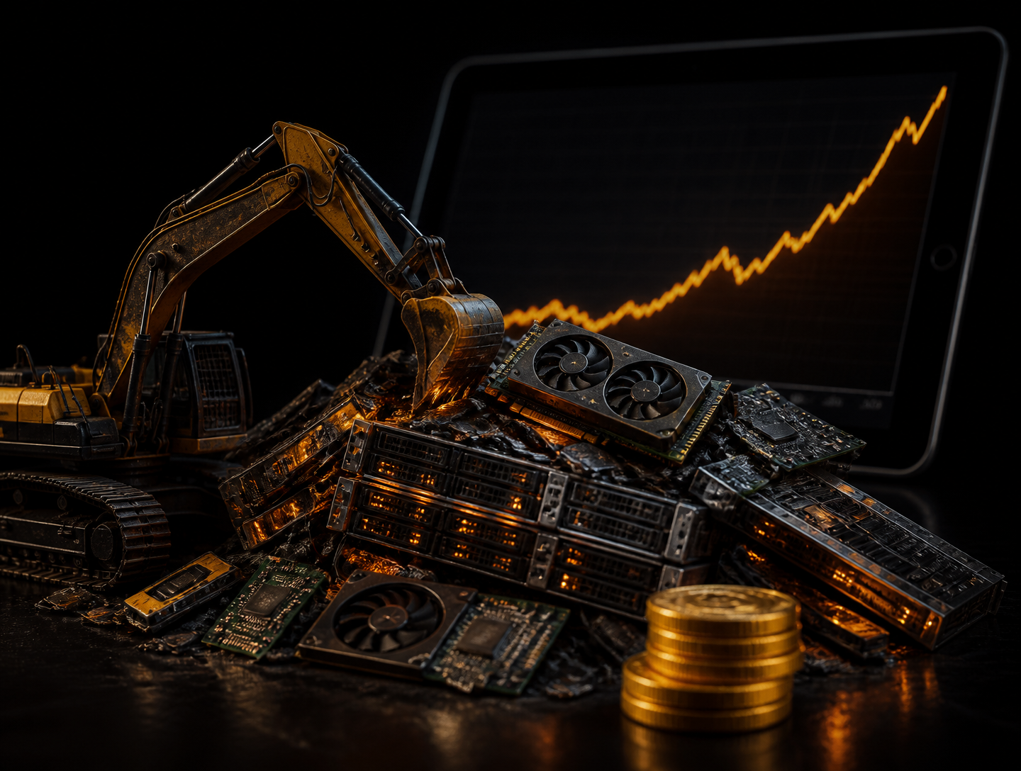 Excavadora de maquinaria pesada cavando sobre una pila de servidores y tarjetas gráficas iluminadas, con una tableta al fondo mostrando una gráfica ascendente naranja y monedas de oro al frente.
