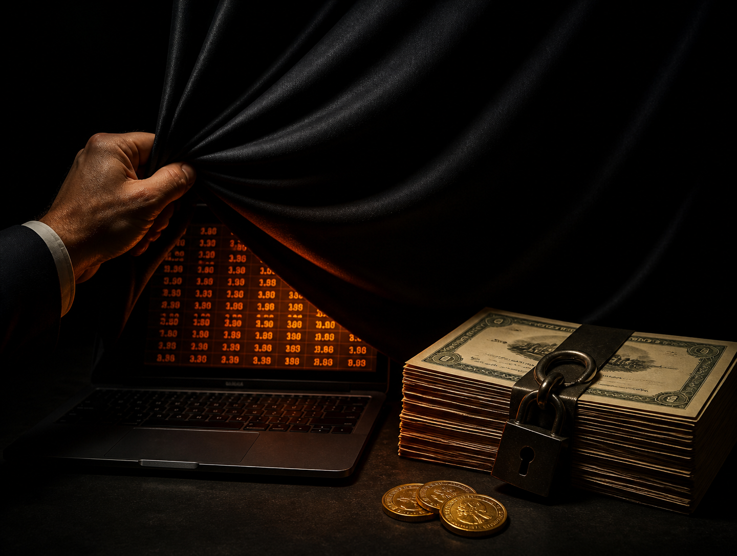 Una mano cubre con una cortina negra la pantalla de una laptop llena de números naranjas, junto a un fajo de certificados de bonos cerrado con candado y monedas de oro.