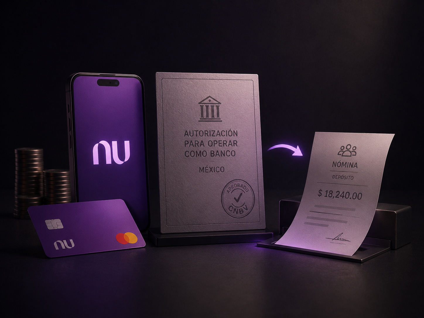 Teléfono con el logo de Nu y tarjeta morada junto a un documento de “Autorización para operar como banco - México” aprobado por CNBV y un recibo de nómina por $18,240.