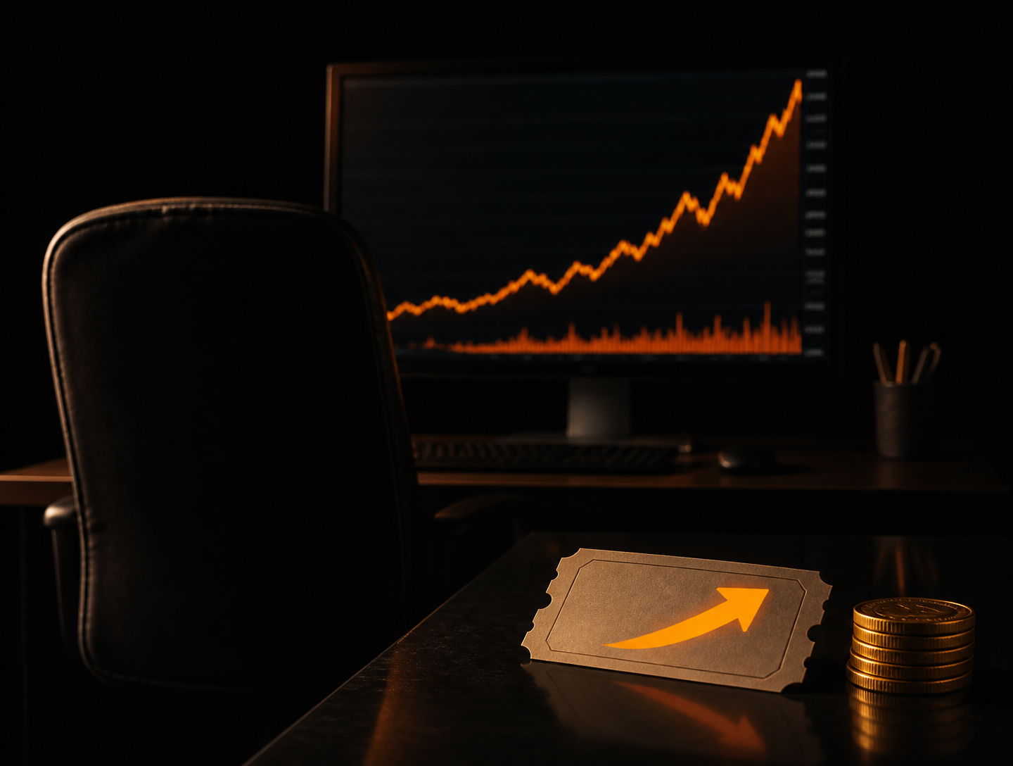 Silla de oficina vacía frente a un monitor con una gráfica de mercado ascendente naranja, con un boleto de papel con una flecha hacia arriba y monedas de oro sobre el escritorio.