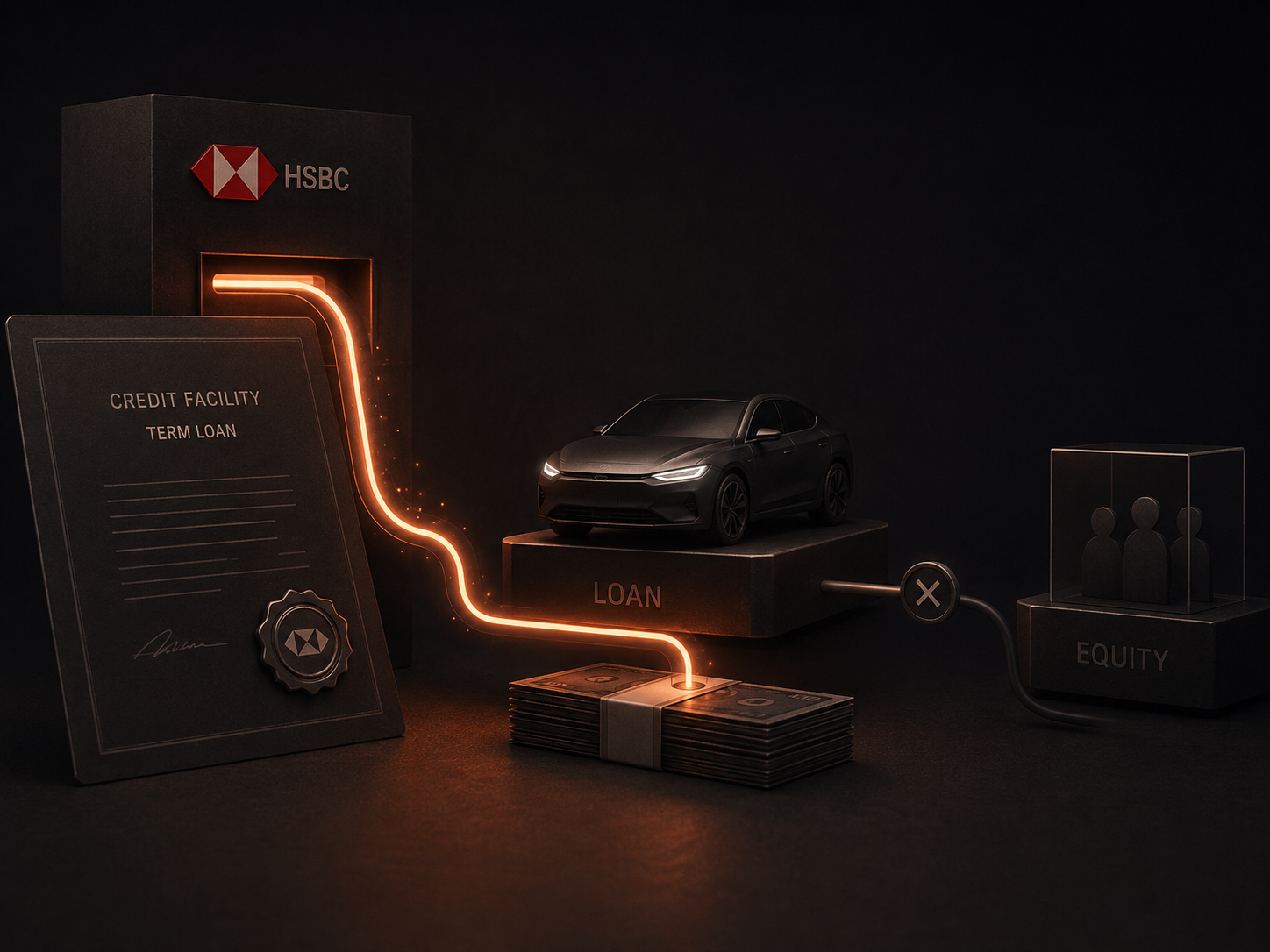 Certificado de línea de crédito de HSBC conectado por una línea luminosa naranja a un auto sobre un pedestal “LOAN”, con un fajo de billetes debajo y un bloque “EQUITY” tachado a la derecha.