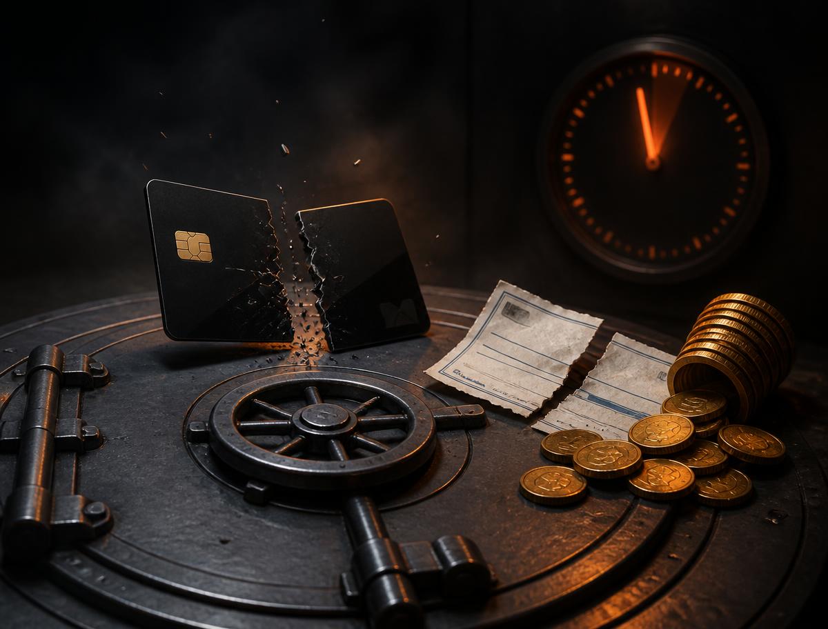 Tarjeta corporativa negra partida en dos cayendo sobre la puerta de una bóveda bancaria, con un cheque roto, monedas de oro derramadas y un reloj al fondo.
