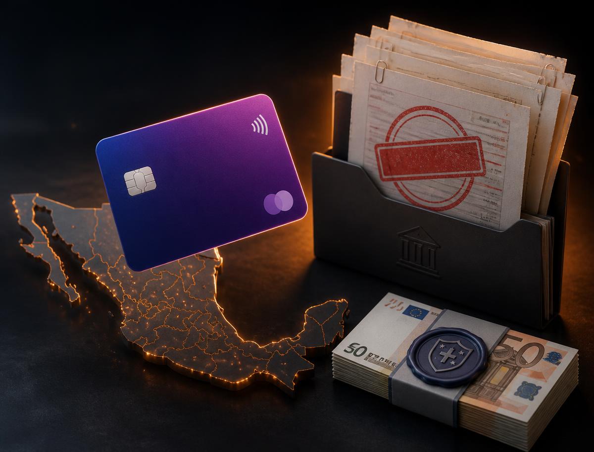 Tarjeta de débito morada flotando sobre un mapa iluminado de México, junto a un archivero con facturas selladas en rojo y un fajo de billetes de euro con sello de aseguradora.